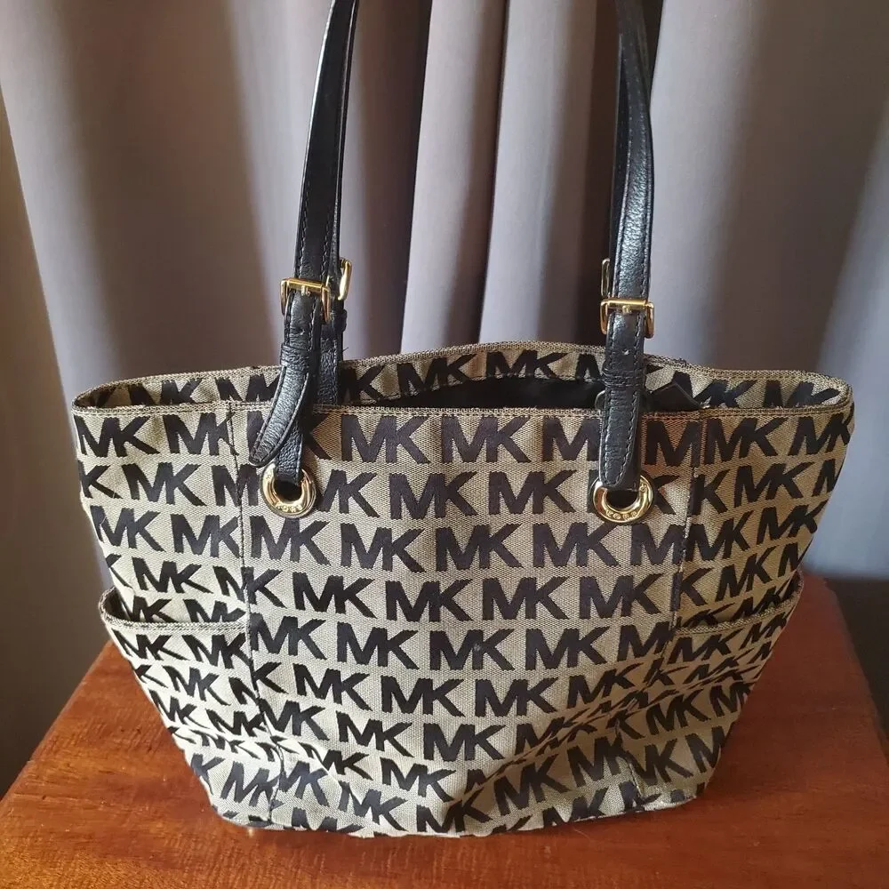 Michael Kors Jet Set Designer Shoulder Bag Travel Tote Purse, Tan & Black